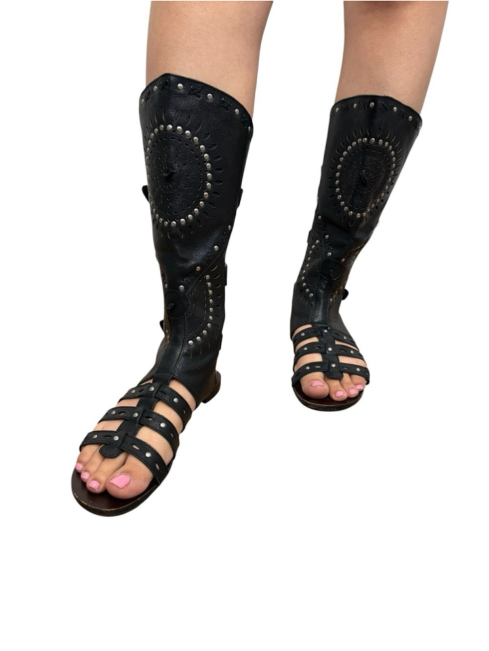 ASH Black Leather Cutout Gladiator Sandals Knee High Flat Sandals US 7 Rare